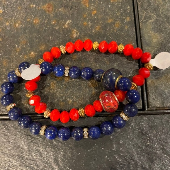 Vintage Imported Asian bracelets beaded red blue lot of 2 - Picture 2 of 5